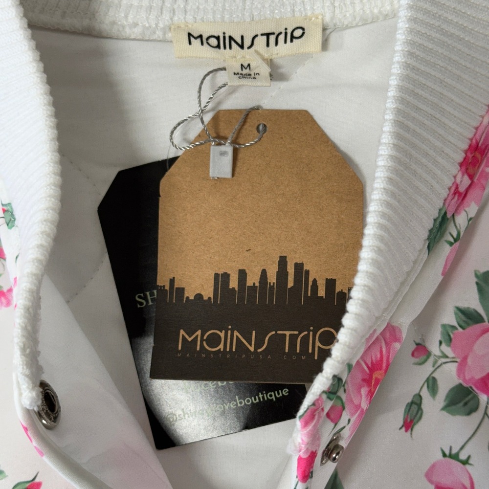 Mainstrip Women's Quilted Floral Bomber Jacket Pink Rose Snap Front White Size M - Picture 4 of 11